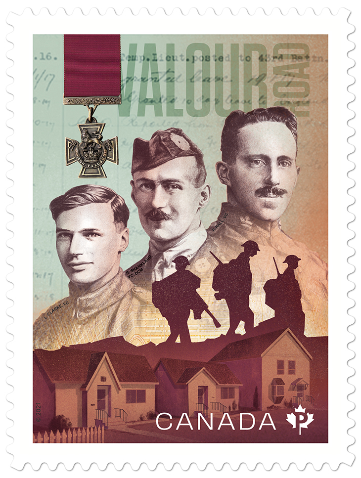 canada post, postage stamp, commemorative, world war one, wwi, valour road, canadian soldiers, veterans, corporal lionel clarke, company sergeant major frederick william hall, lieutenant robert shankland, victoria cross recipients