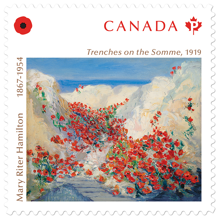 canada post, postage stamp, commemorative, world war one, canadian artist, first woman battlefield artist, painter, mary riter hamilton, wwi paintings, trenches on the somme, 1919