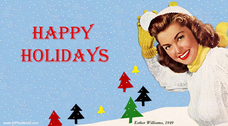 esther williams, actress, vintage, movie star, christmas trees, happy holidays, greeting card,