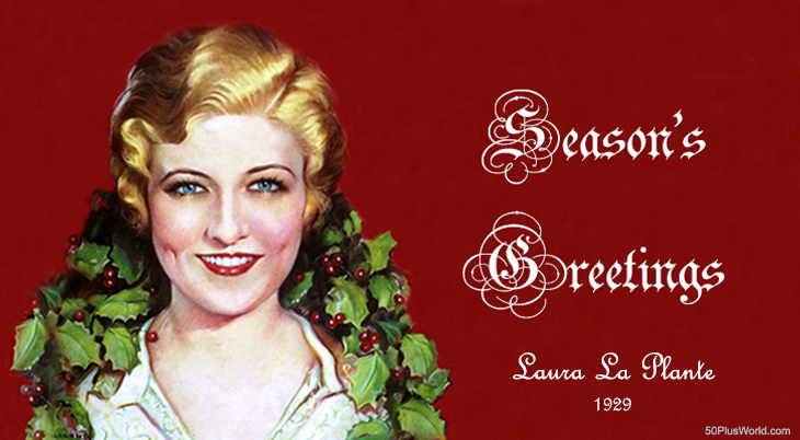 silent films, movie stars, actress, laura la plante, vintage, greeting card, 1929, holly, wreath, seasons greetings, 