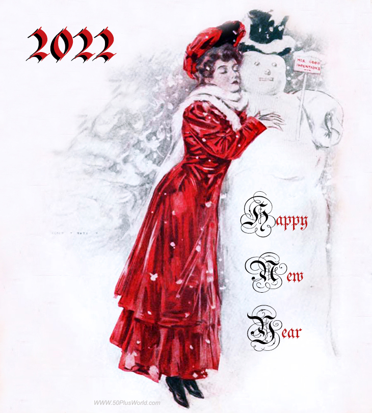 happy new year, greeting card, new year wishes, 2022, vintage, fashion, women's dress, painting, life magazine cover, 1905, snowman