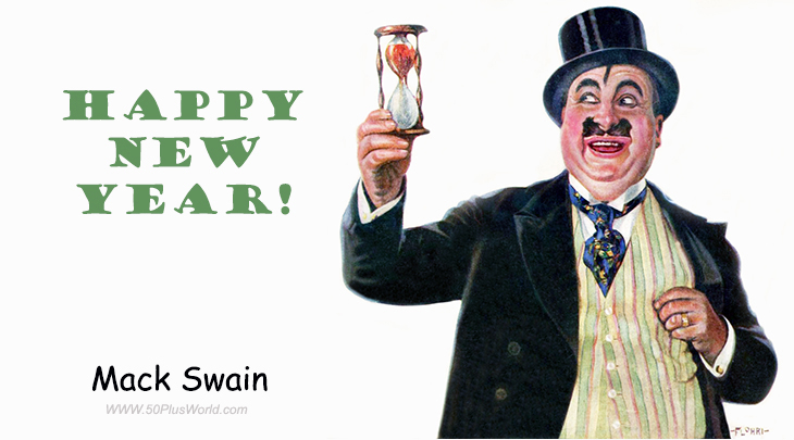 happy new year, greeting card, new year wishes, 2022, 2021, vintage, artist, flohri, painting, magazine cover, film fun, 1921, comedian, actor, mack swain, silent movies