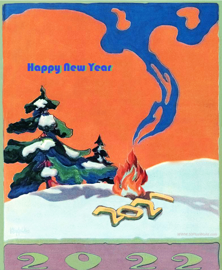 happy new year, greeting card, new year wishes, 2021, 2022, vintage, 1921, painting, art deco, artist, a m hopfmuller, shadowland, magazine cover, campfile, winter, trees