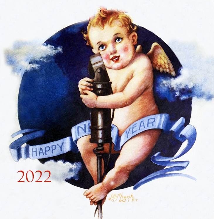 happy new year, greeting card, new year wishes, new years baby, angel, 2022, vintage, 1931, painting, whats on the air, magazine cover, artist, j h shonkwiler, illustration