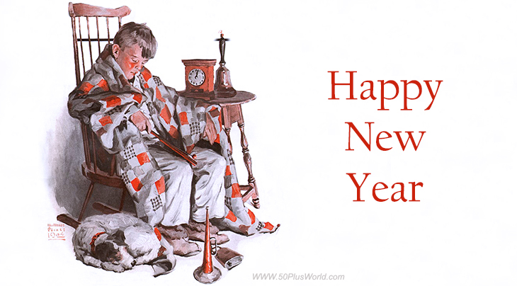 happy new year, greeting card, new year wishes, 2022, 2021, vintage, painting, magazine cover, country gentleman, artist, william meade prince, sleeping boy, dog, clock, celebration, horn, new years eve countdown