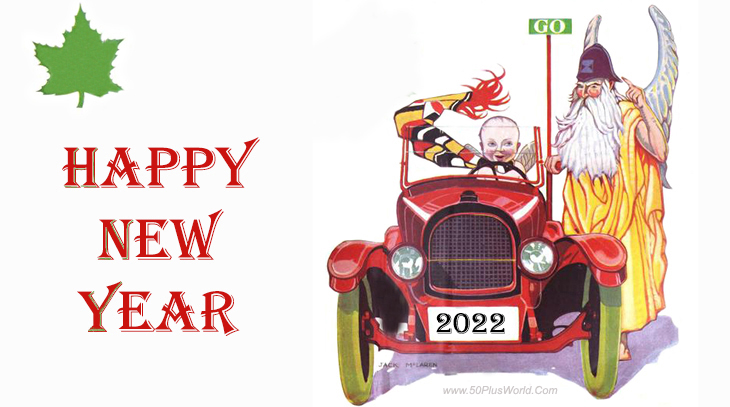 happy new year, greeting card, new year wishes, new years baby, angel, 2022, vintage, 1923, painting, macleans, magazine cover, artist, jack mclaren, illustration, red car, automobile