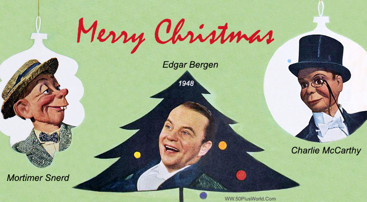 vintage, greeting card, 1948, merry christmas, celebrity, puppeteer, edgar bergen, puppets, charlie mccarthy, mortimer snerd