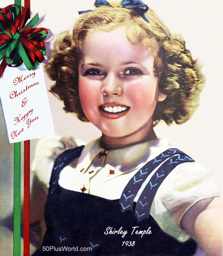 silent films, movie stars, actress, shirley temple, child actor, greeting card, 1938, merry christmas, happy new year