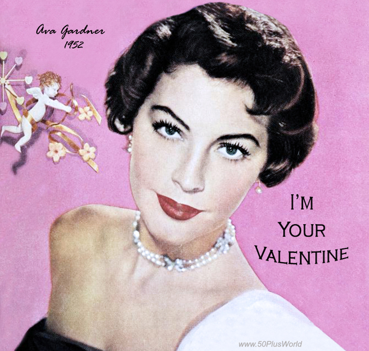 happy valentines day; greeting card; valentines wishes; vintage; celebrity; movie stars; cupid, im your valentine; greer garson; actress; pink background