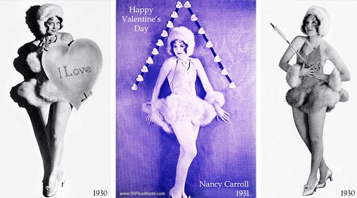 happy valentines day; greeting card; valentines wishes; vintage; celebrity; movie stars; actress, nancy carroll, hearts; purple background