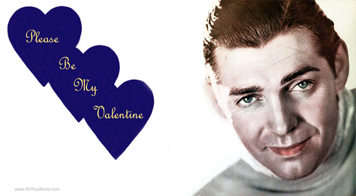happy valentines day; greeting card; valentines wishes, vintage, celebrity, movie stars, clark gable, 1931, hearts, blue