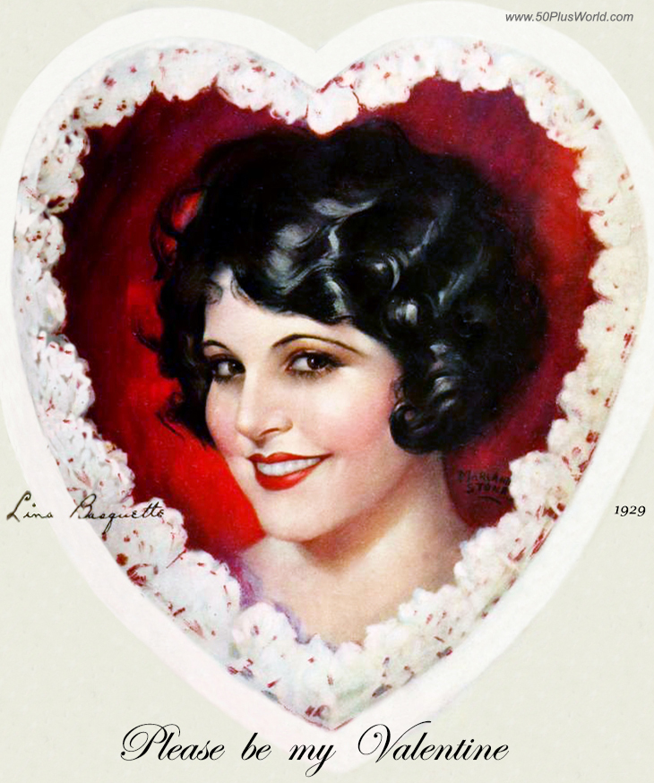 happy valentines day; greeting card; valentines wishes; vintage; celebrity; movie stars; actress; lina basquette; red heart; white lace