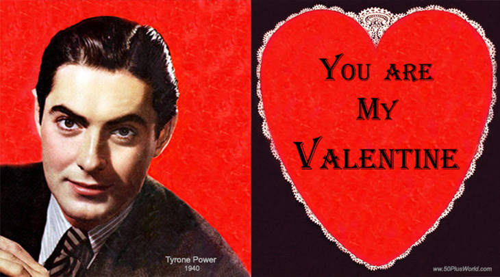 happy valentines day; greeting card; valentines wishes; vintage; celebrity; movie stars; actor; tyrone power; red hearts; white lace