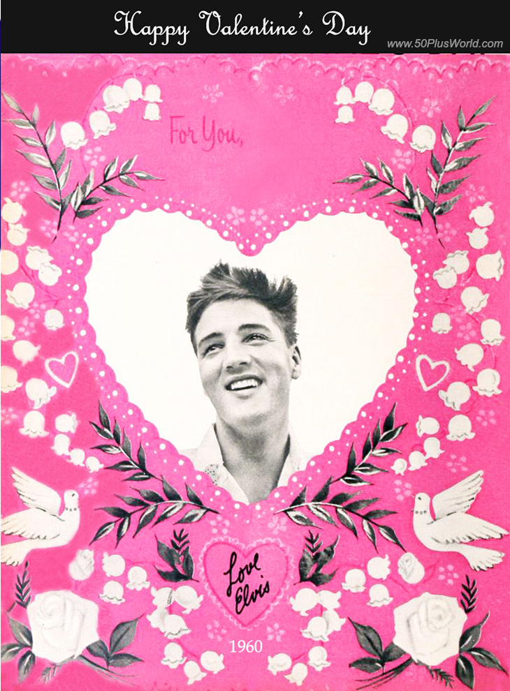 happy valentines day; greeting card; valentines wishes; vintage; celebrity; movie stars; actror; singer, elvis presley, pink background, white doves, roses, lily of the valley, flowers