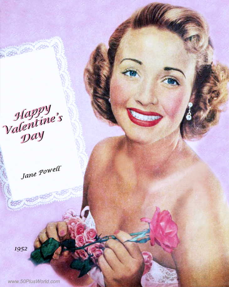 happy valentines day; greeting card; valentines wishes; vintage; celebrity; movie stars; actress, singer, jane powell, lavender pink background; pink roses, flowers
