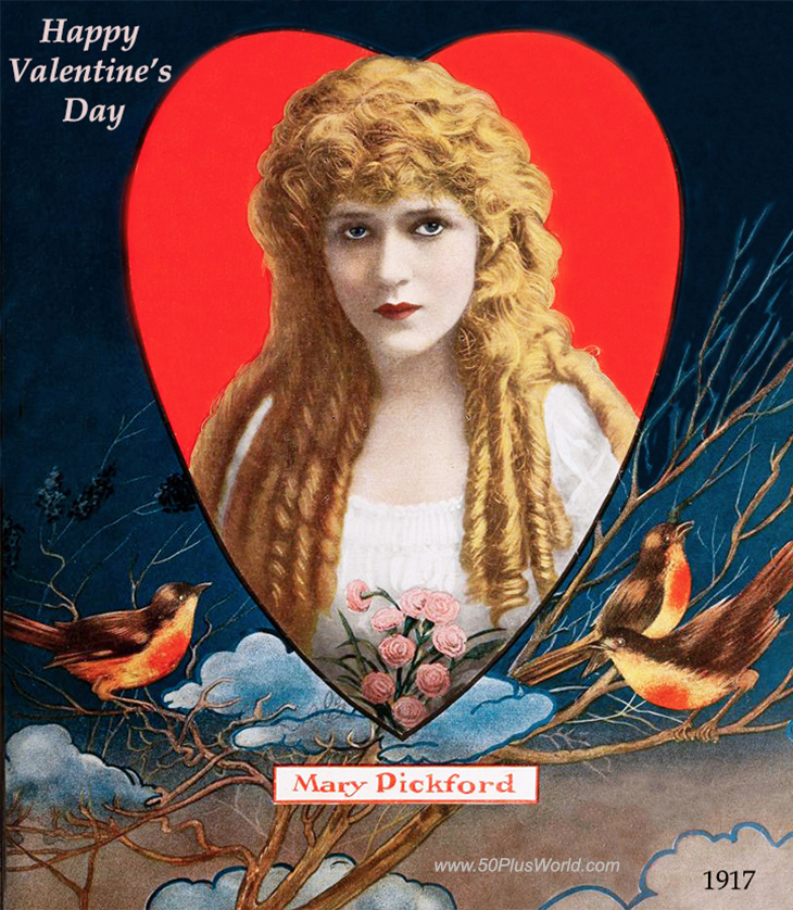 happy valentines day; greeting card; valentines wishes; vintage; celebrity; movie stars; actress; mary pickford, silent movies, pink roses, flowers, red heart, wild birds, blue background
