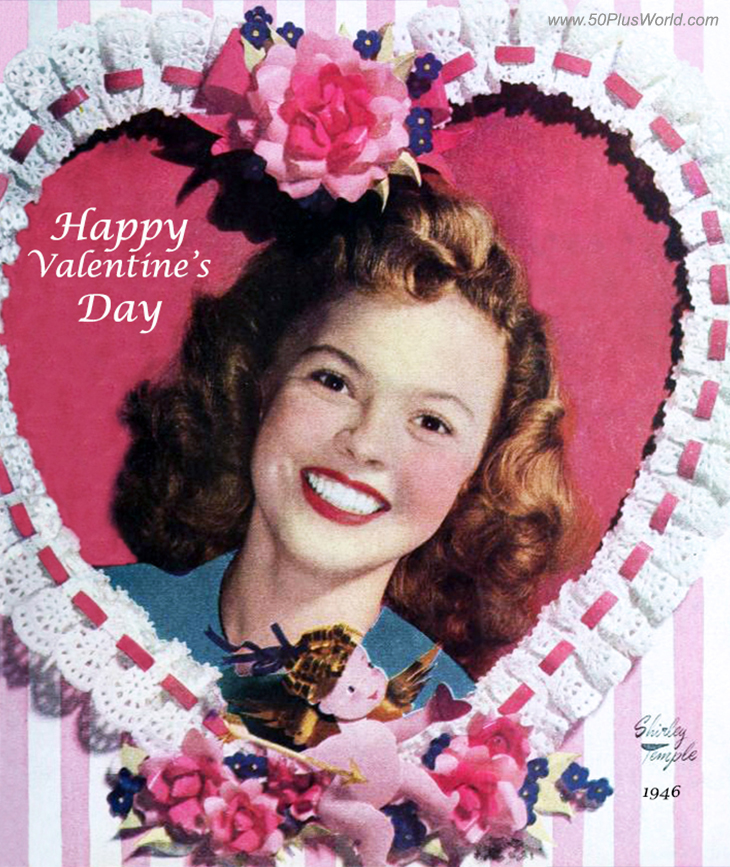 happy valentines day; greeting card; valentines wishes; vintage; celebrity; movie stars; actress; shirley temple, pink heart, roses, flowers, cupid, white lace, pink ribbon