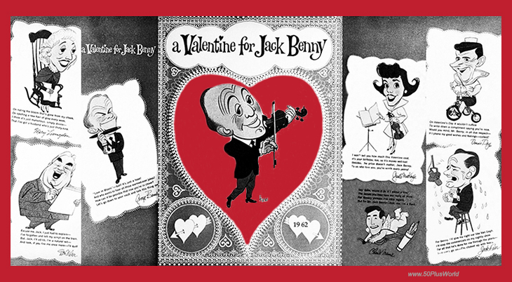 happy valentines day; greeting card; valentines wishes; vintage; celebrity; movie stars; red; hearts; a valentine for jack benny, gisele mckenzie, jack paar, george burns, mary livingston, dennis day, caricatures, cartoons