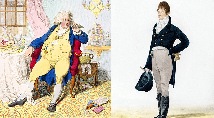 caricatures, the prince regent, george prince of wales, king george iv, 1792, english royalty, british nobility, george brummell, beau brummell, 1805, regency dandy, fashion icon, regency era