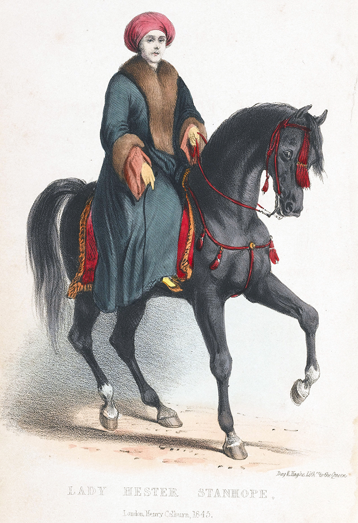 lady hester stanhope, regency era, english nobility, traveler, author, 1845, horseback, archaeologist, middle east, palestine, turkish fashion, 