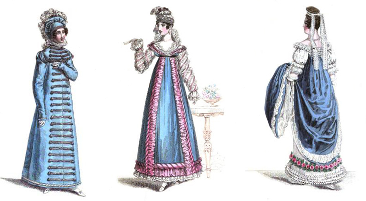 la belle assemblee, 1818, womens fashion, dresses, evening gowns, regency fashions, french carriage dress, french court dress, womens wear, 1800s, 