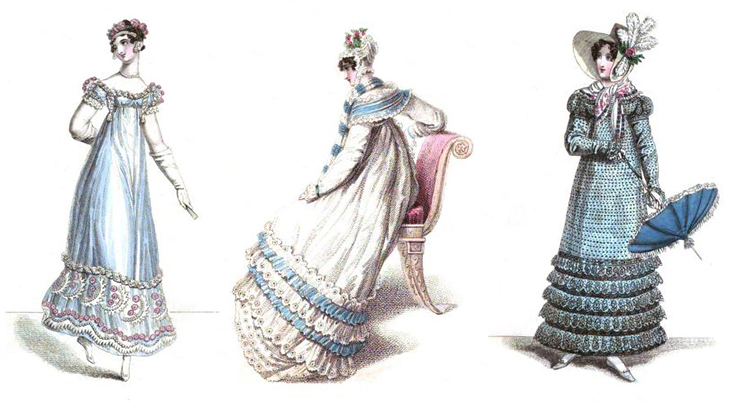 la belle assemblee, 1818, womens fashion, dresses, evening gowns, regency fashions, ball dress, parisian walking dress, womens wear, 1800s, 