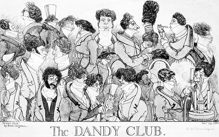 watiers, gentlemans club, regency era, london, historic england, 1800s, 1810s, the dandy club, caricatures, richard dighton, beau brummel, lord alvanley, henry mildmay, henry pierrepoint, mens fashions, hair styles, london