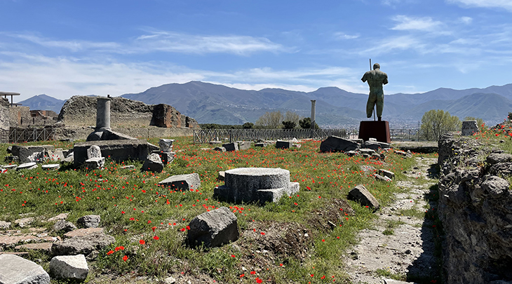 pompeii, italy, volcano ruins, daedalus, statue, sculpture, igor mitoraj, wildflowers, mount vesuvius eruption 