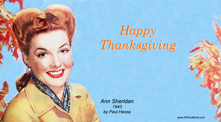 happy thanksgiving, greeting card, thanksgiving wishes, thanksgiving day, vintage, celebrity cards, classic movies, film star, ann sheridan, actress, fall, autumn, leaves,  fashion, style