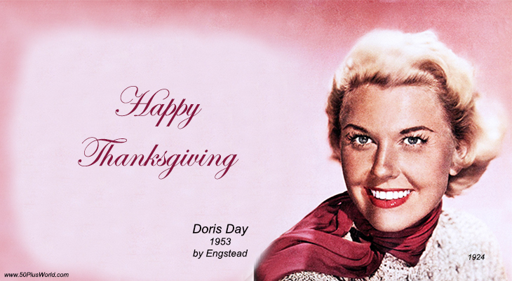 happy thanksgiving, thanksgiving wishes, celebrity greetings, greeting card, doris day, film star, actress, classic movies, pink, sweater, scarf