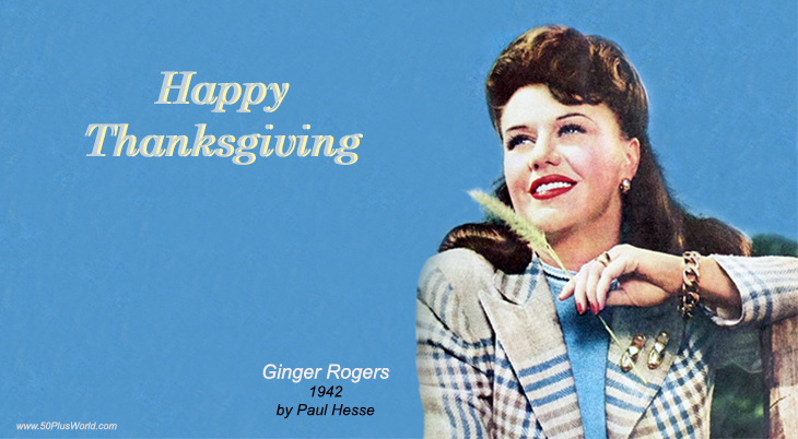 happy thanksgiving; thanksgiving wishes; celebrity greetings; greeting card; ginger rogers, film star; actress; dancer, classic movies; blue, blazer, fall, autumn