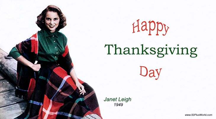 happy thanksgiving, greeting card, thanksgiving wishes, thanksgiving day, vintage, celebrity cards, classic movies, film star, janet leigh, actress, plaid, tartan
