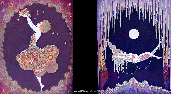 kavelita, colorized illustrations, vintage art, paintings, cinelandia, movie fan magazine, modern decorative art, dancer with flower, moon, 1927 july