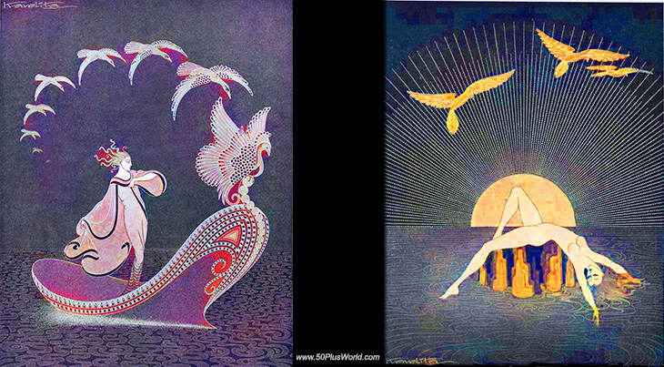 kavelita, colorized illustrations, vintage art, paintings, cinelandia, movie fan magazine, modern decorative art, 1927, the spectral boat, the sunset