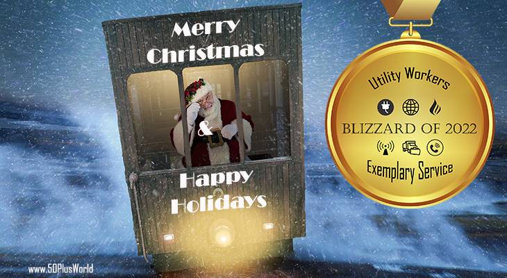 santa claus, blizzard 2022, merry christmas, seasons greetings, greeting card, happy holidays, medal, thanks, utility workers, heat, electricity, wifi, internet, celluar, telephone, snowplow, train, lights, snowstorm