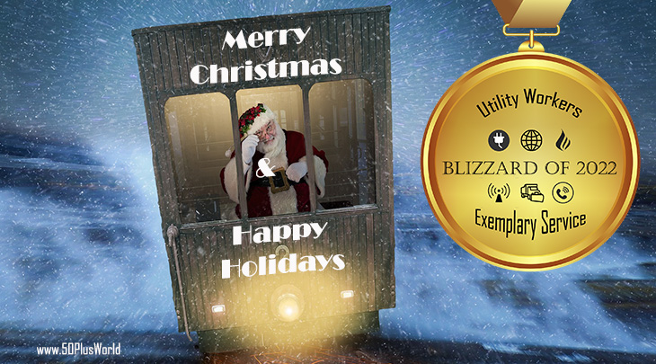 santa claus, blizzard 2022, merry christmas, seasons greetings, greeting card, happy holidays, medal, thanks, utility workers, heat, electricity, wifi, internet, celluar, telephone, snowplow, train, lights, snowstorm
