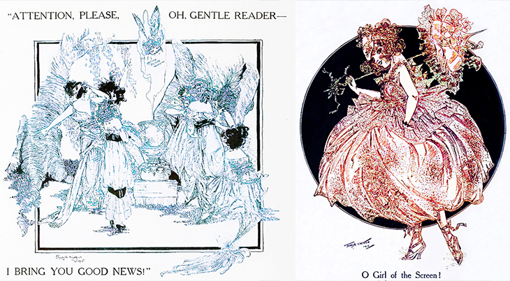 thuryle krezter, american artist, illustrator, illustration, motion picture magazine, colorized, pen and ink drawing, contour drawing, stippling technique, romantic doodles, o girl of the screen, poetry, poem, gentle reader