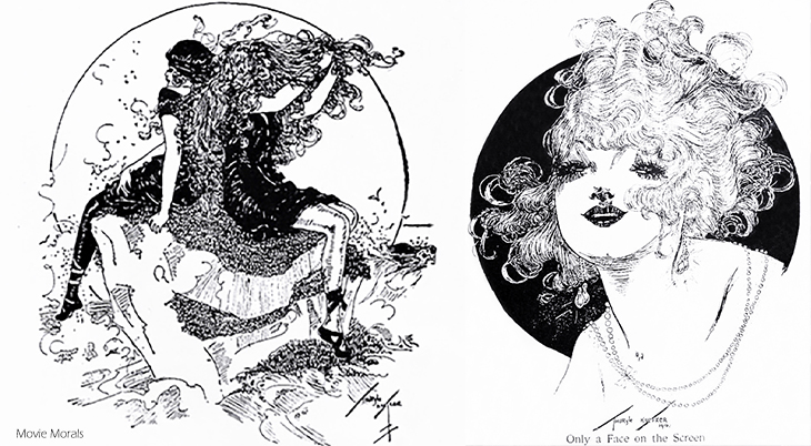 thuryle krezter, american artist, illustrator, illustration, motion picture magazine, pen and ink drawing, contour drawing, stippling technique, romantic doodles, movie morals, only a face on the screen