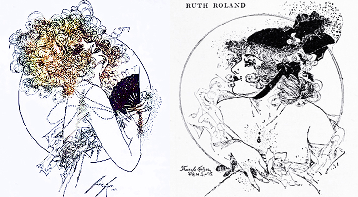 thuryle krezter, american artist, illustrator, illustration, motion picture magazine, pen and ink drawing, contour drawing, stippling technique, romantic doodles, shadow girl, ruth roland, colorized, 