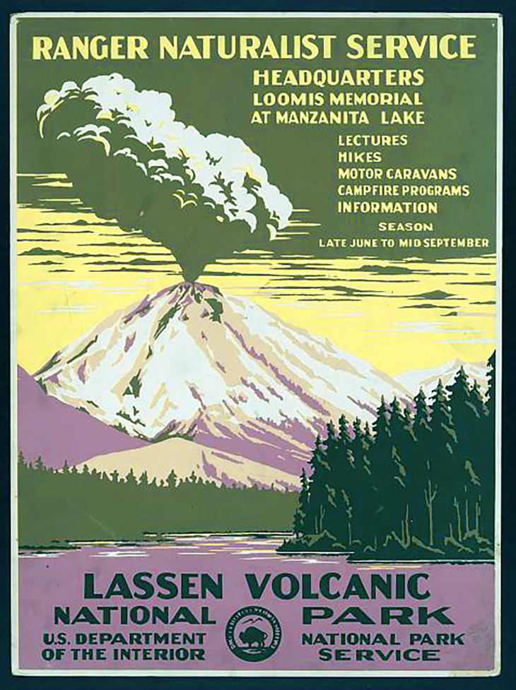 lassen volcano national park, park poster, ranger naturalist service, manzanita lake, designed by chester don powell, mountain peak, california park