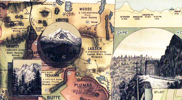 lassens peak, northern california, national park, lassen volcanic park, historical california, 1888 map, shasta county, tehama county, 