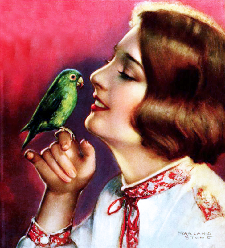 american actress, silent films, movie star, eleanor boardman, pet birds, 1920s, 1926, portrait by marland stone