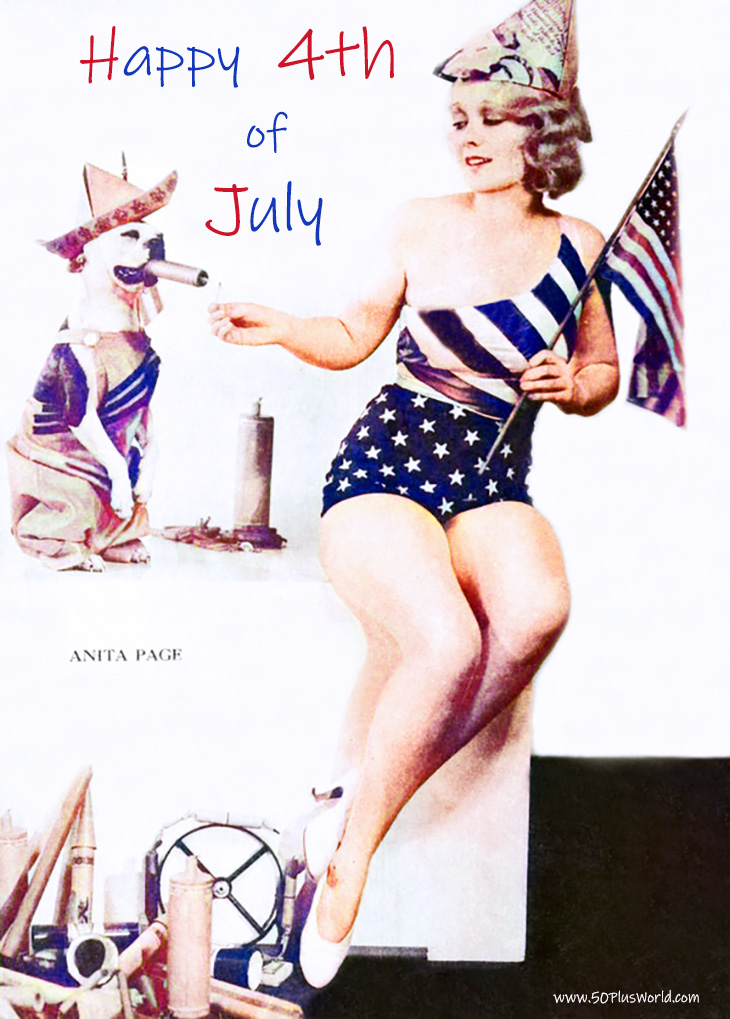 happy fourth, happy 4th of july, happy independence day, vintage greeting card, american actress, film star, classic movies, red white and blue, anita page, american flag, stars and stripes, dog