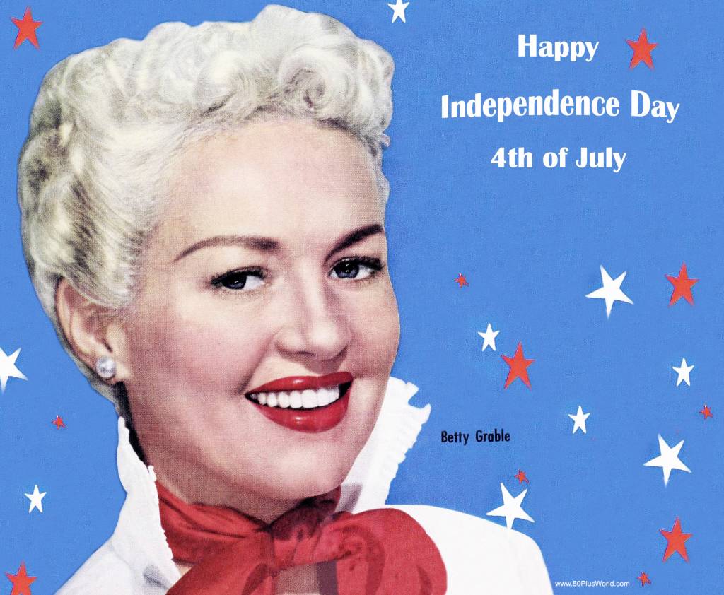 happy fourth, happy 4th of july,, happy independence day, vintage greeting card, american actress, film star, classic movies, red white and blue, stars, betty grable, 1952
