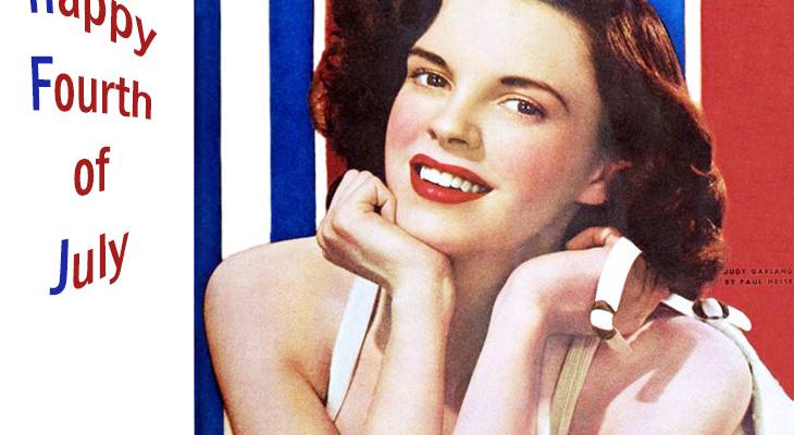 happy fourth, happy 4th of july, happy independence day, vintage greeting card, american actress, film star, classic movies, red white and blue, judy garland, 1942