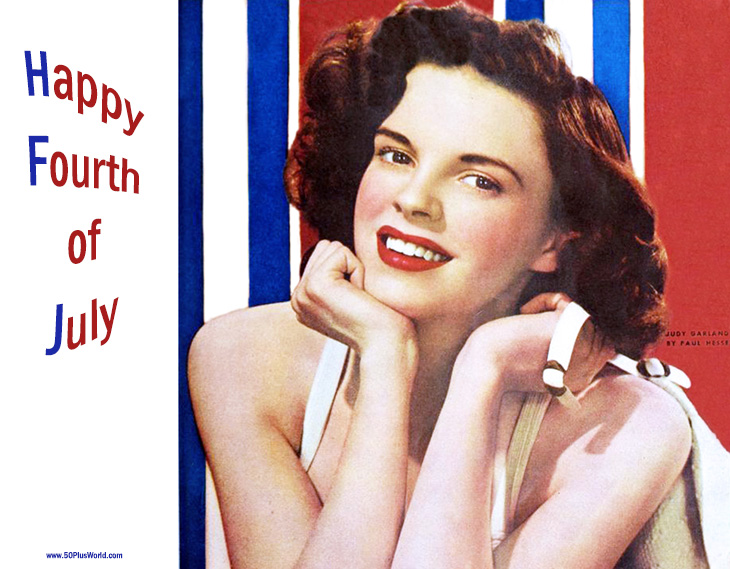 happy fourth, happy 4th of july, happy independence day, vintage greeting card, american actress, film star, classic movies, red white and blue, judy garland, 1942
