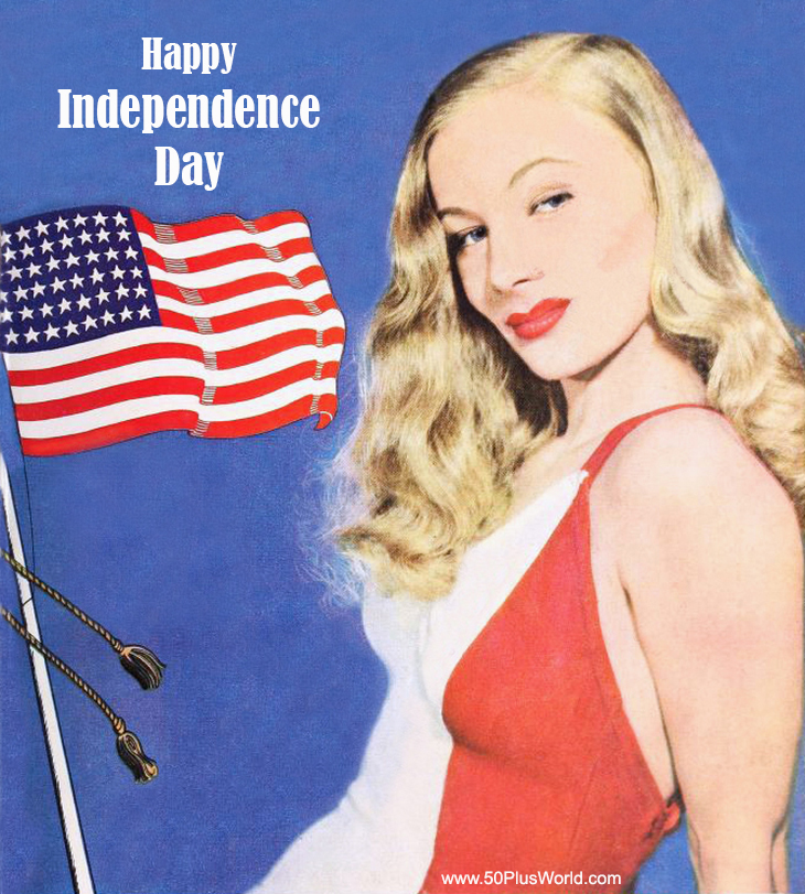happy fourth, happy 4th of july, happy independence day, vintage greeting card, american actress, film star, classic movies, red white and blue, stars and stripes, american flag, veronica lake, 1942