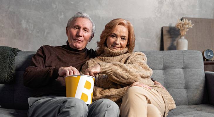 older couple, watching movies, television watching, autumn, cozy sweaters