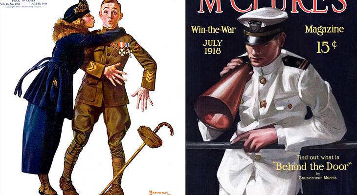 world war one, wwi, vintage magazine covers, magazine cover paintings, vintage cover illustrations, cover artists, illustrators, painters, norman rockwell, life magazine, 1919, neysa mcmein, mcclures 1918